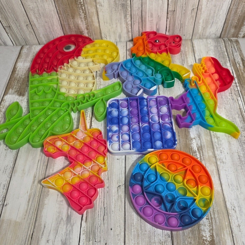 6pc Rainbow Pop It Fidget Toy Set Silicone Sensory Toys Unicorn Dinosaur Parrot - Picture 4 of 4
